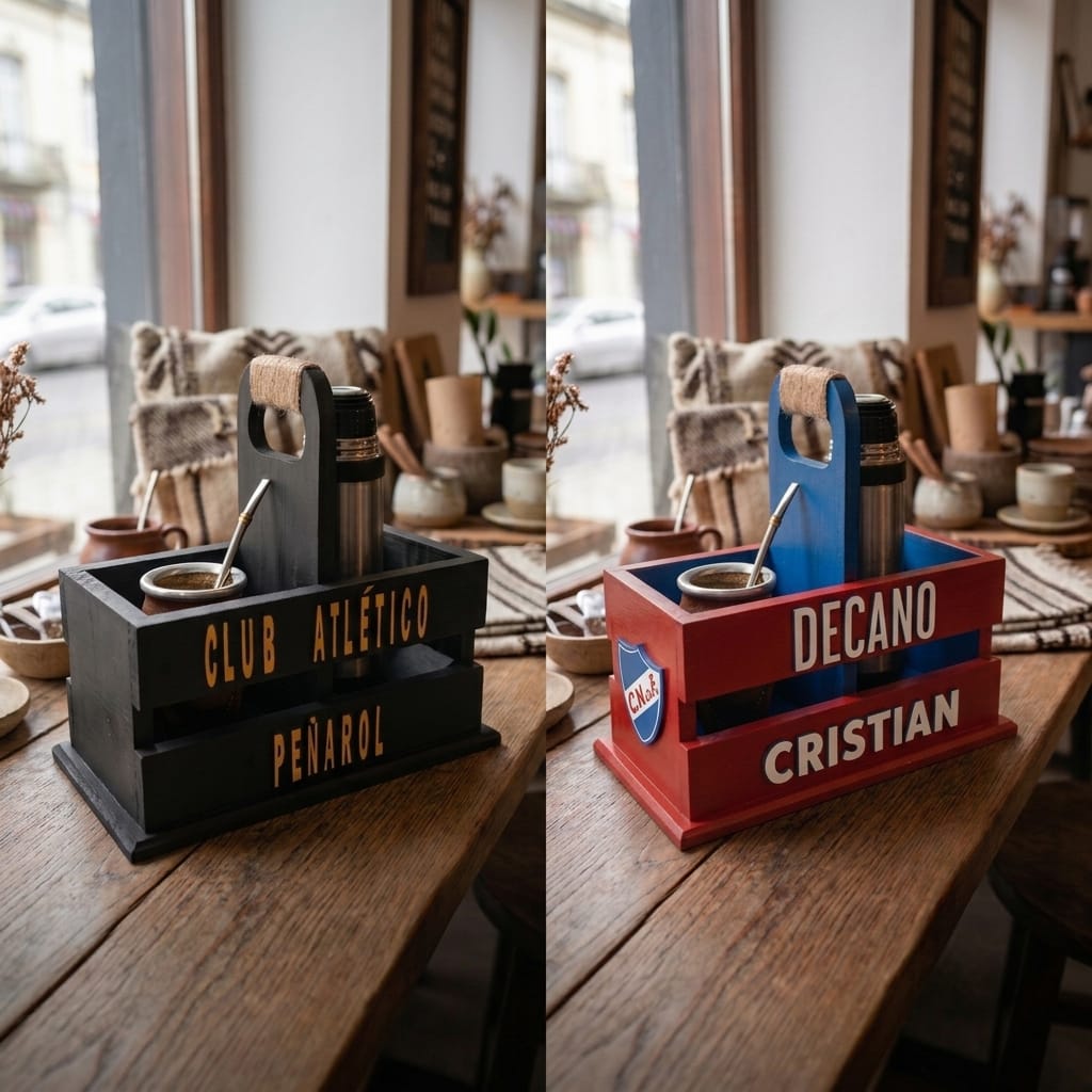 Materas artesanales personalizadas de Club Atlético Peñarol y Nacional sobre mesa de madera